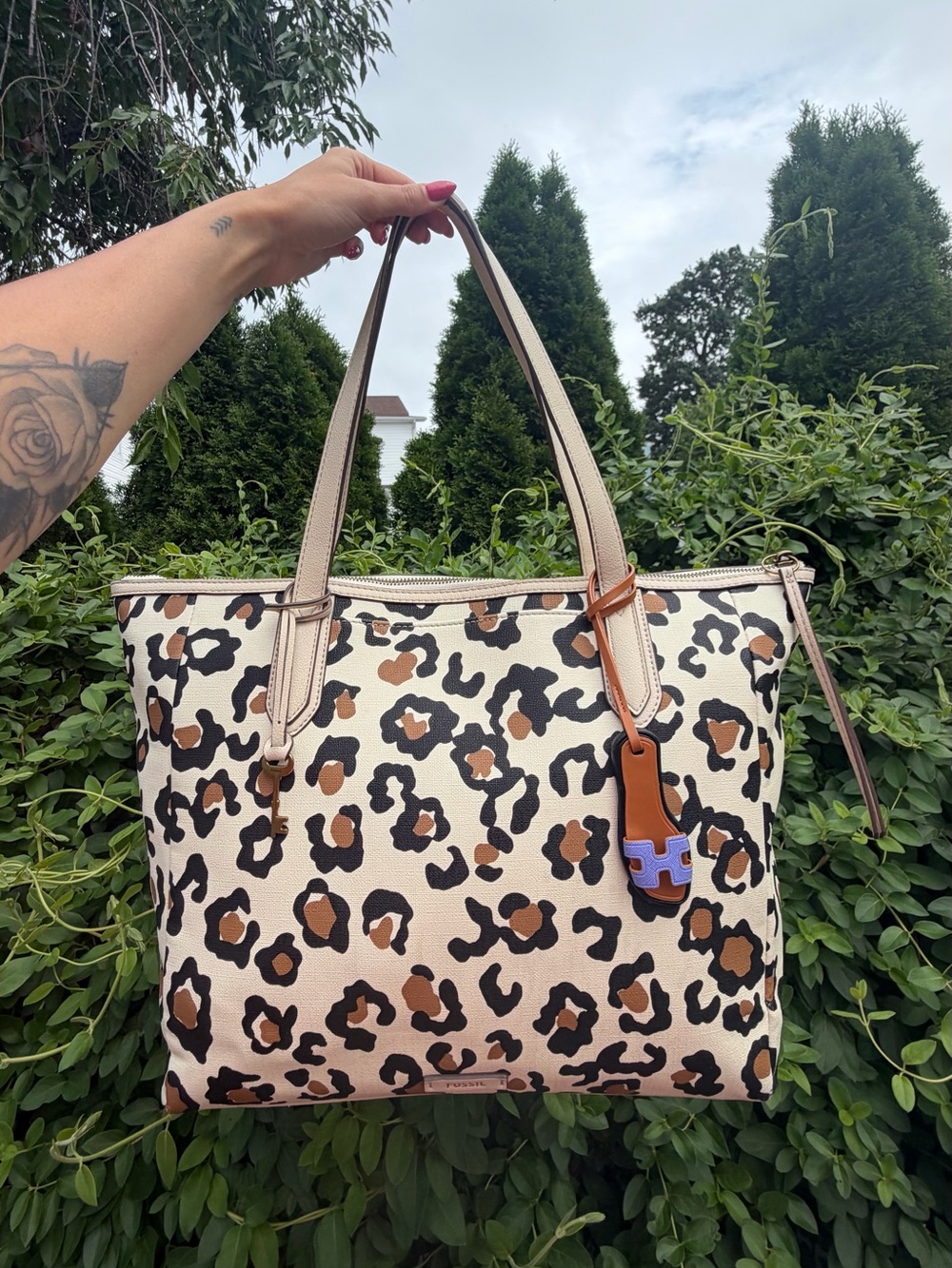Fossil Large Leopard Print Tote Bag Animal Print Shoulder Bag Everyday Shopper